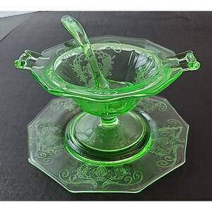 Vintage Green Uranium Glass Mayonnaise Bowl Underplate & Ladle ! Depression Era